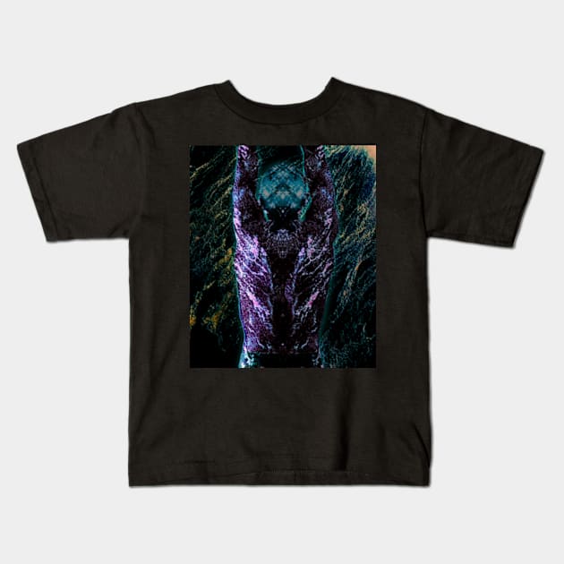 Portrait, digital collage and special processing. Men's back. Mystic. Energy waves. Green and violet. Emboss and glow. Kids T-Shirt by 234TeeUser234